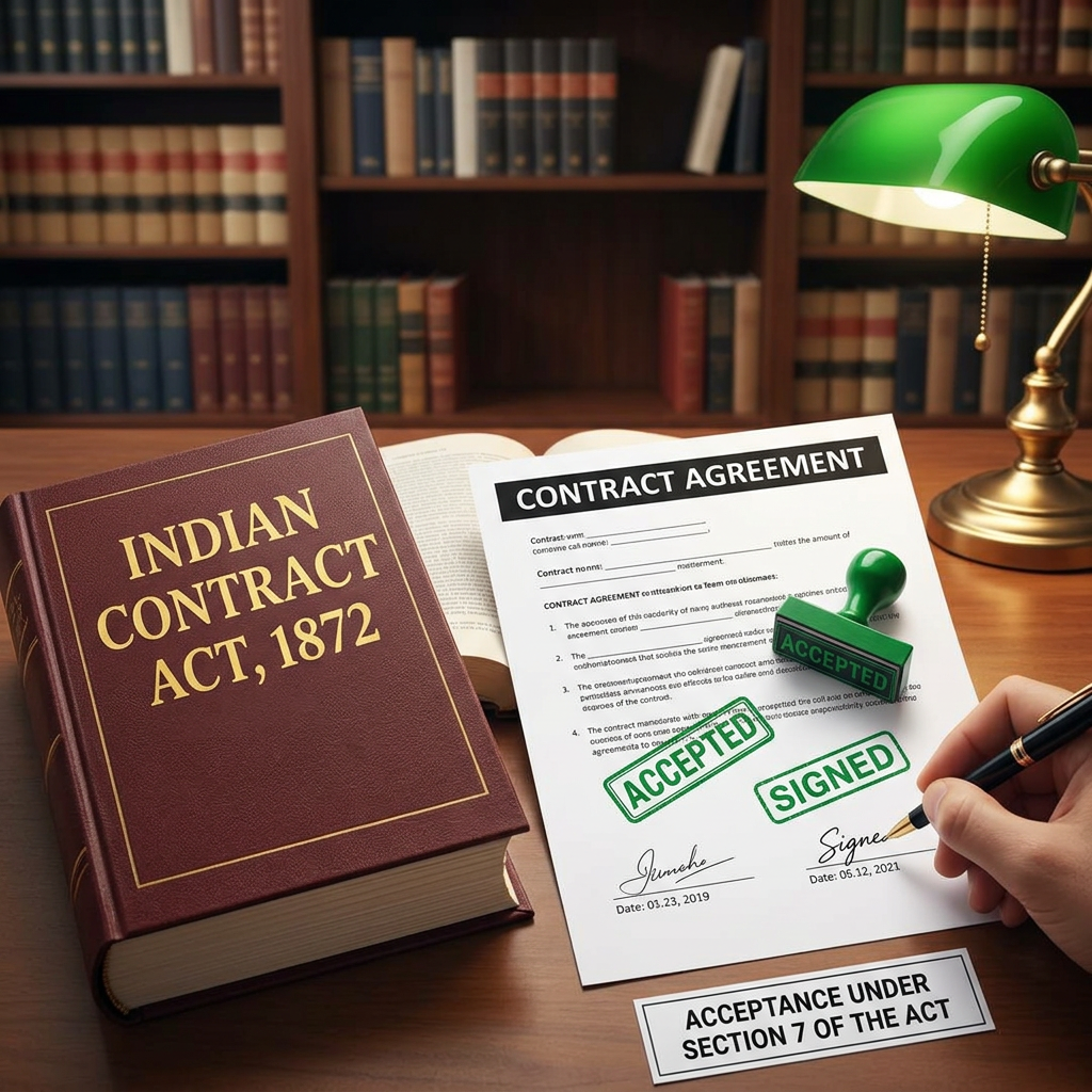 Indian Contract Act, 1872 beside signed contract marked Accepted and Signed